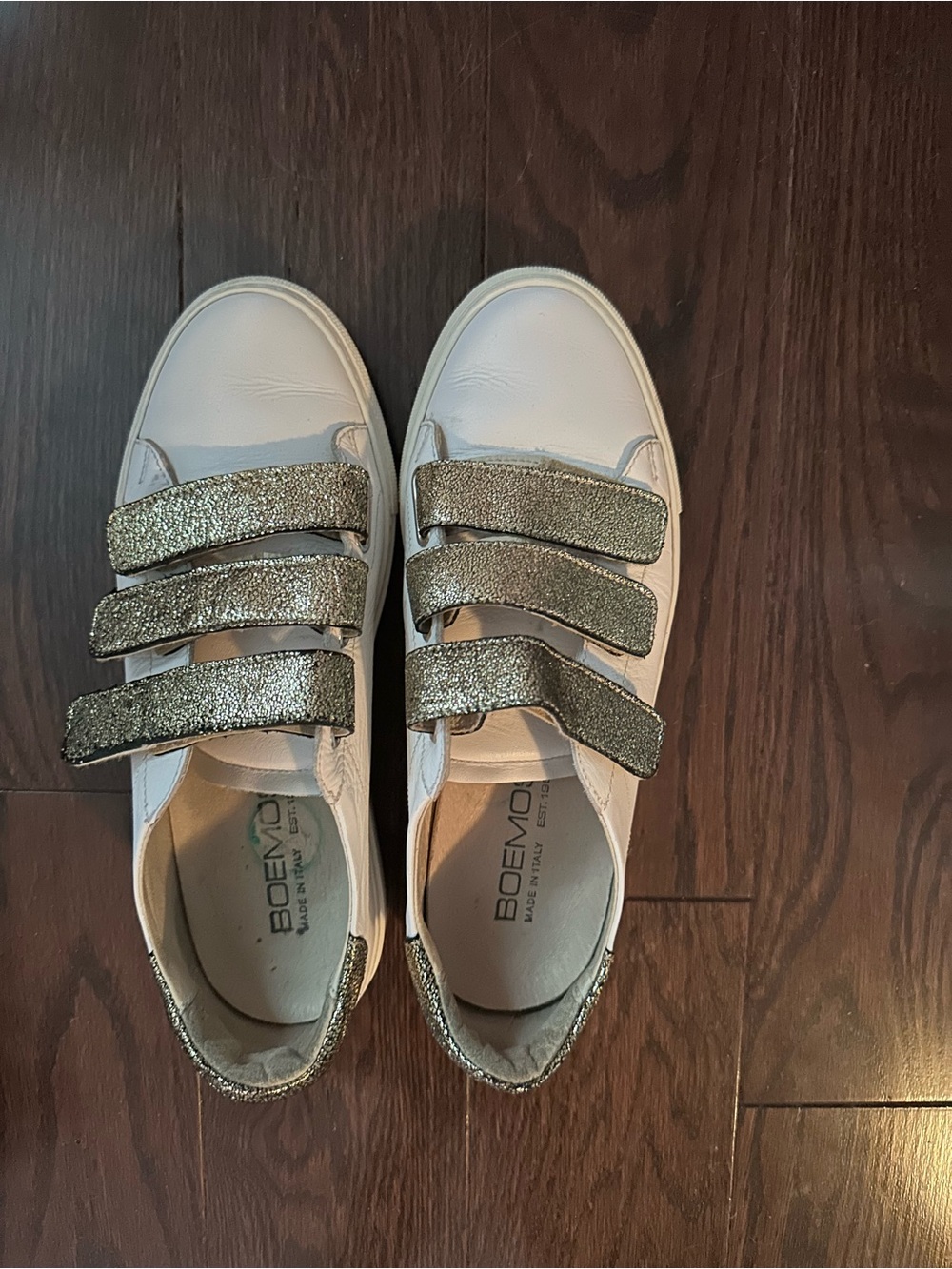 White Leather Sneakers with Gold Glitter Straps